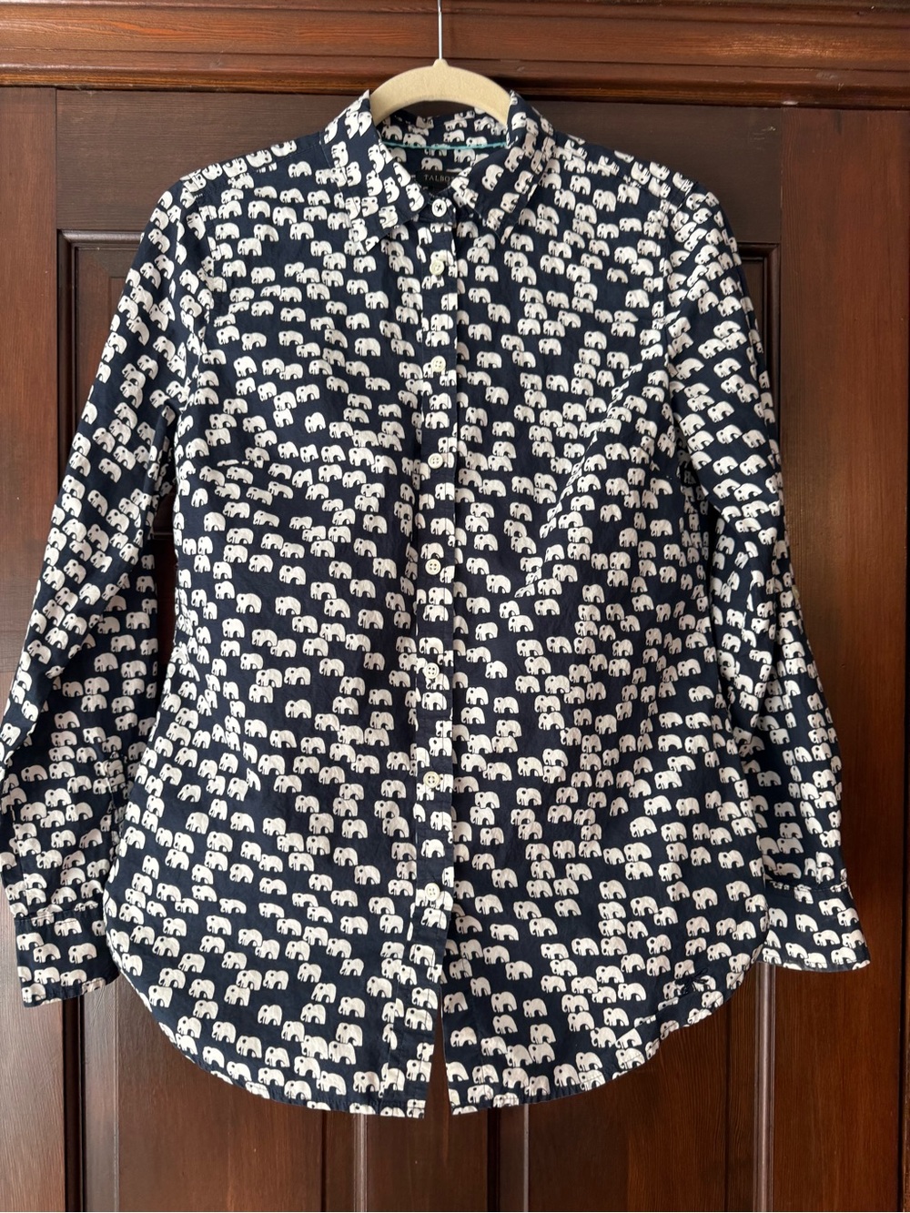 Talbots Navy and White Elephant Print Button-Up